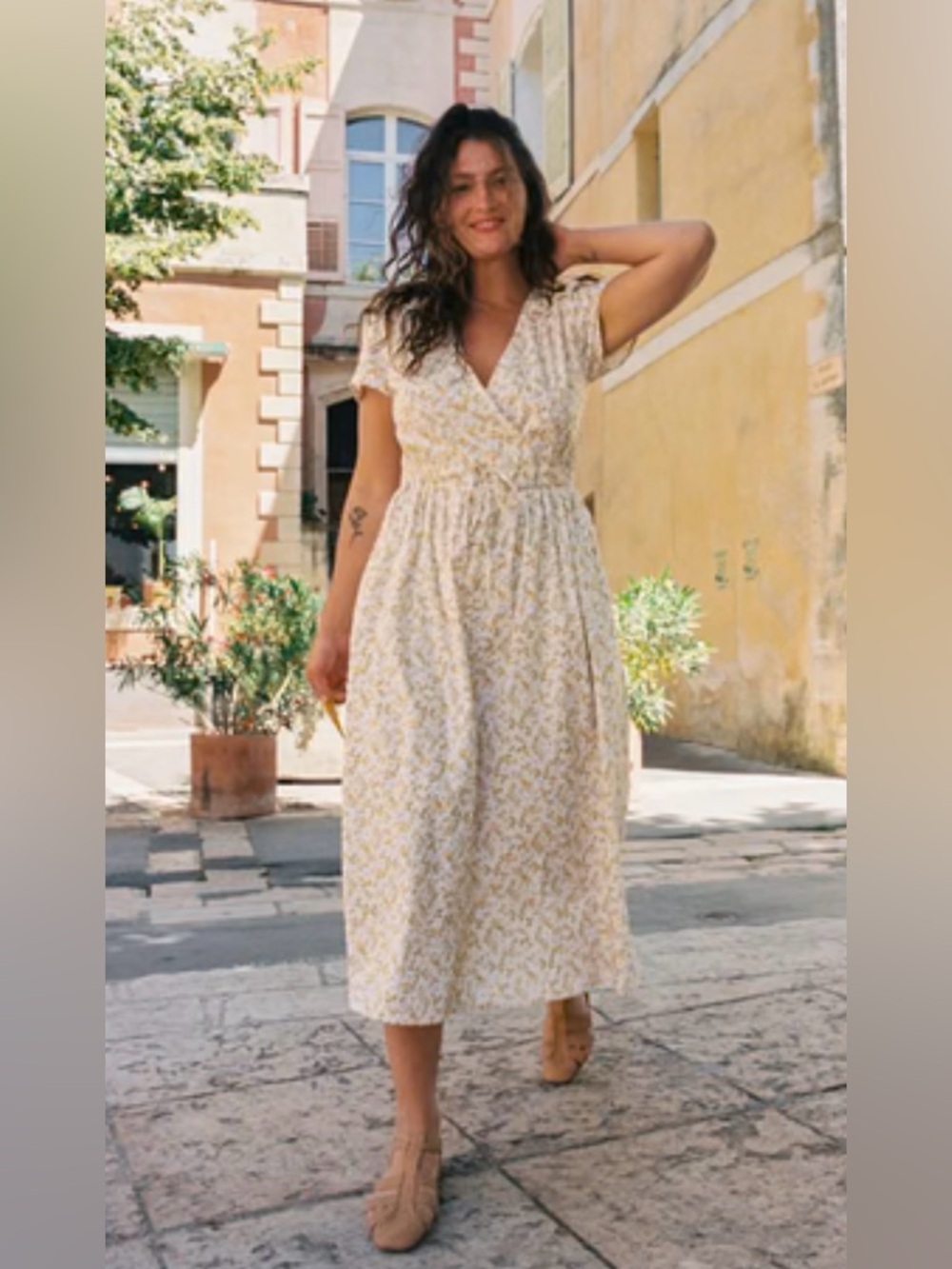 Christy Dawn White and orange & brown  Floral Wrap Midi Dawn Dress